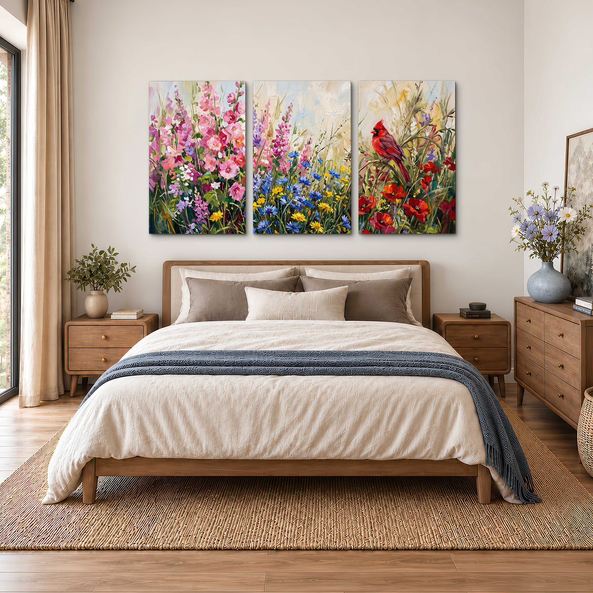 A bright red cardinal among vivid pink, blue and yellow wildflowers 3 piece canvas wall art styled in an interior