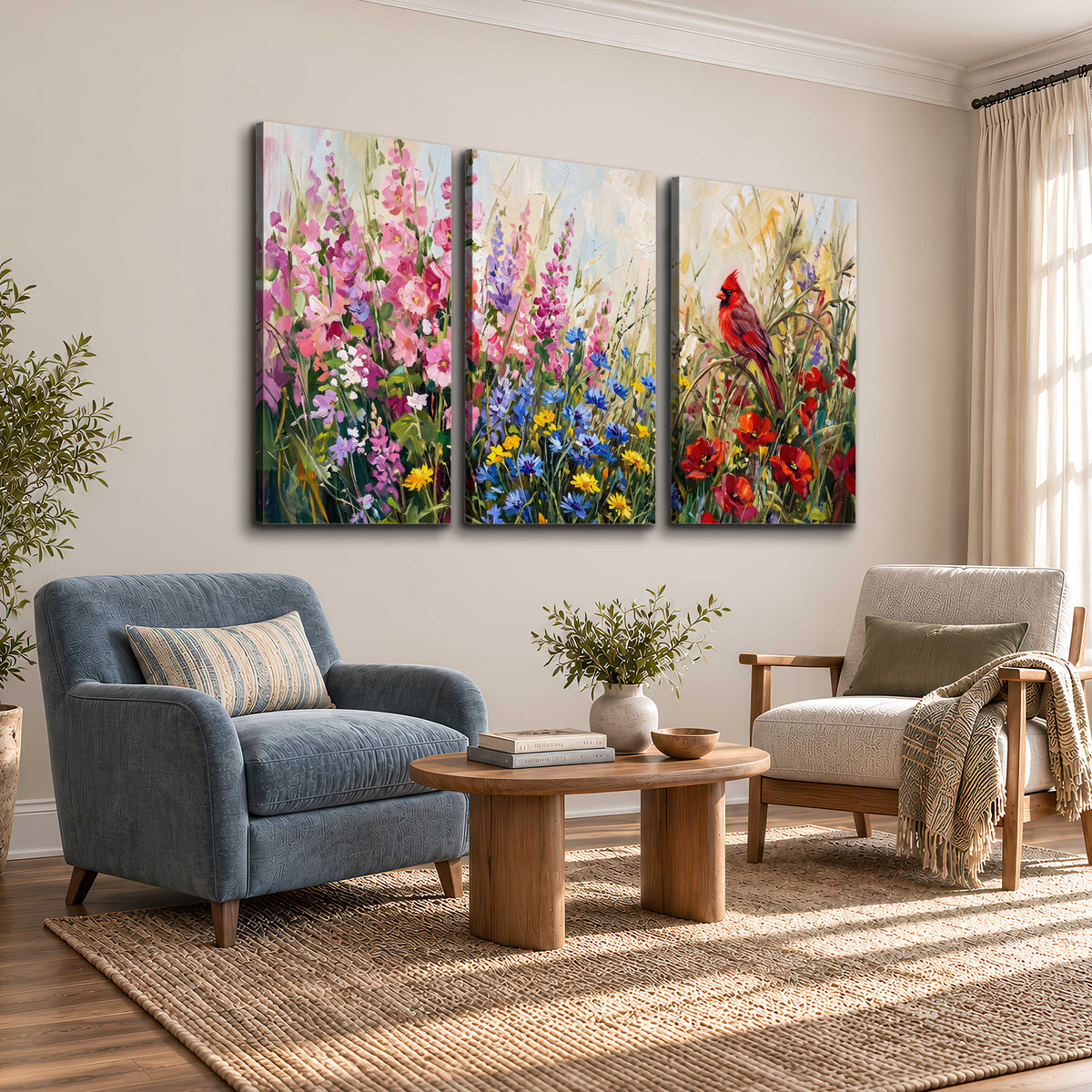 A bright red cardinal among vivid pink, blue and yellow wildflowers 3 piece canvas wall art styled in an interior