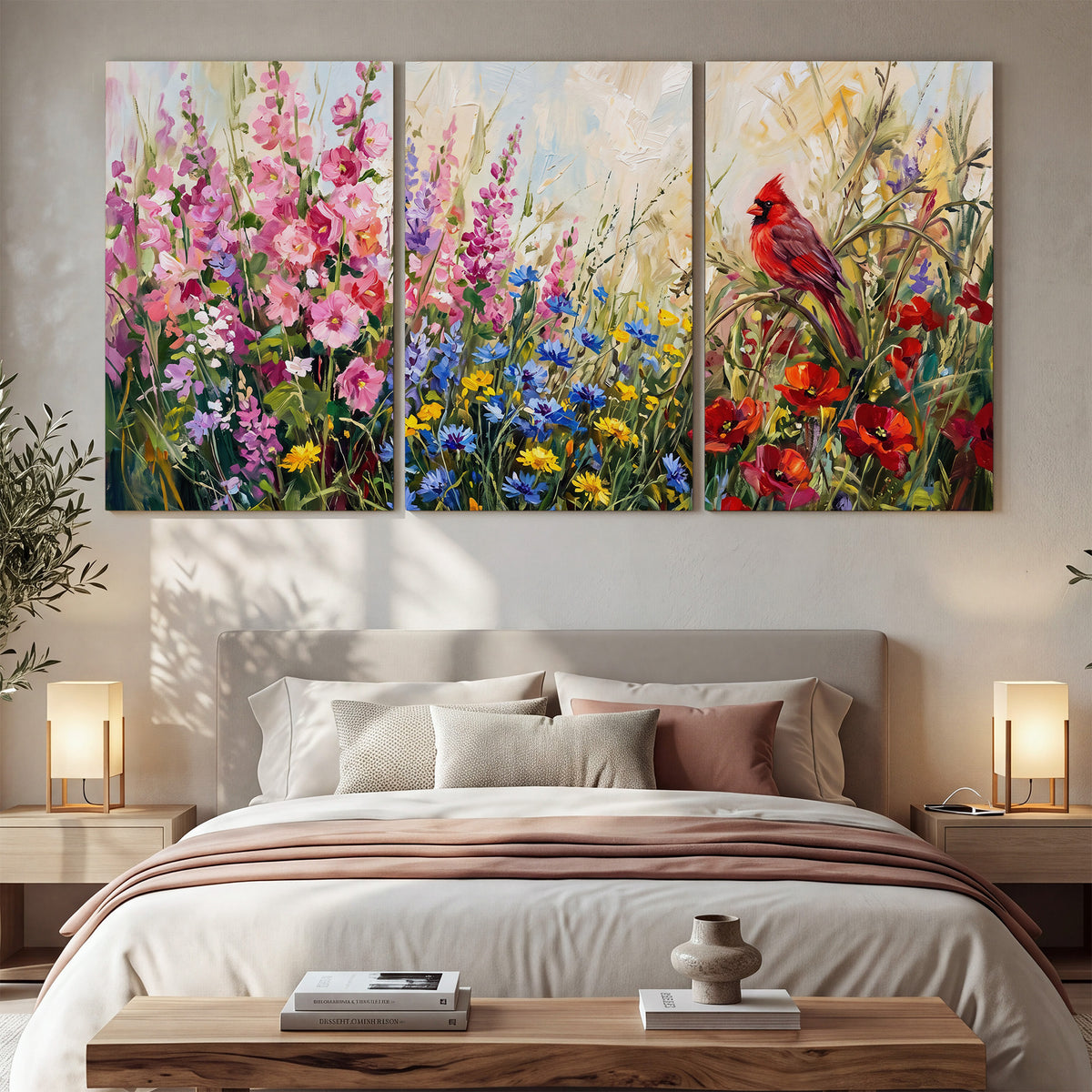 A bright red cardinal among vivid pink, blue and yellow wildflowers 3 piece canvas wall art displayed in a bedroom