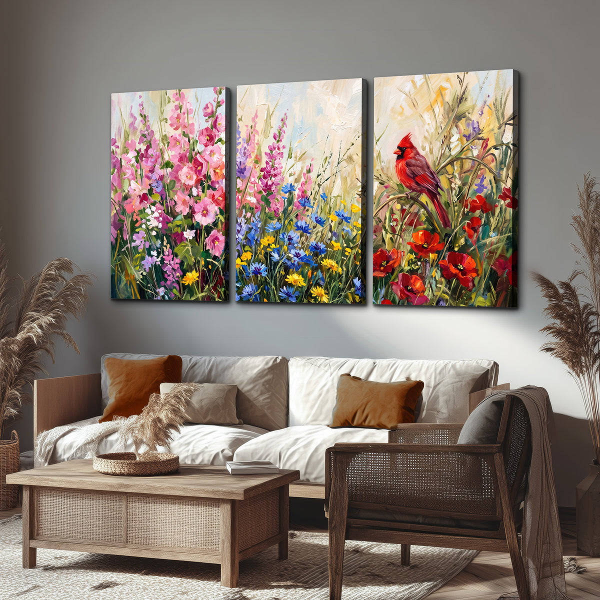 A bright red cardinal among vivid pink, blue and yellow wildflowers 3 piece canvas wall art displayed in a rustic living room