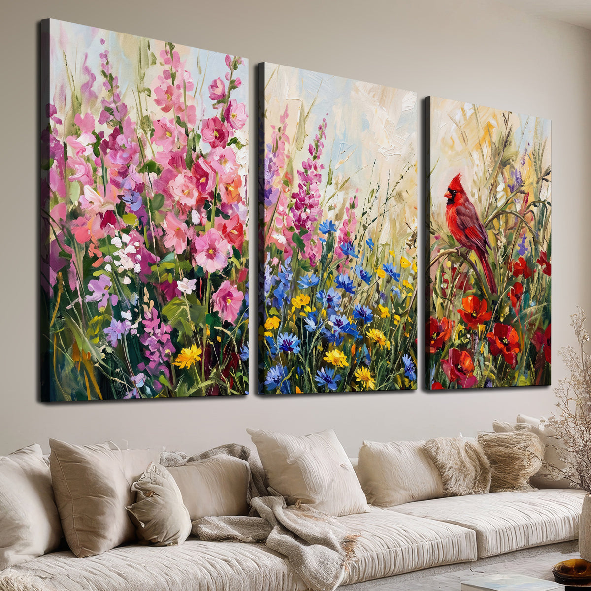 A bright red cardinal among vivid pink, blue and yellow wildflowers 3 piece canvas wall art room and product view