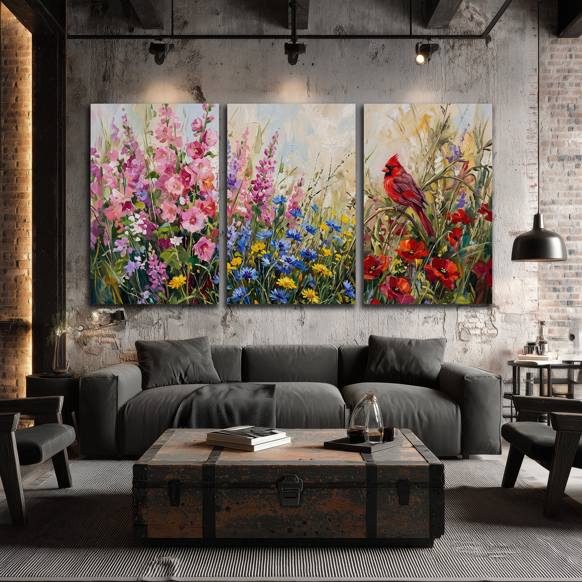 A bright red cardinal among vivid pink, blue and yellow wildflowers 3 piece canvas wall art displayed in a industrial room