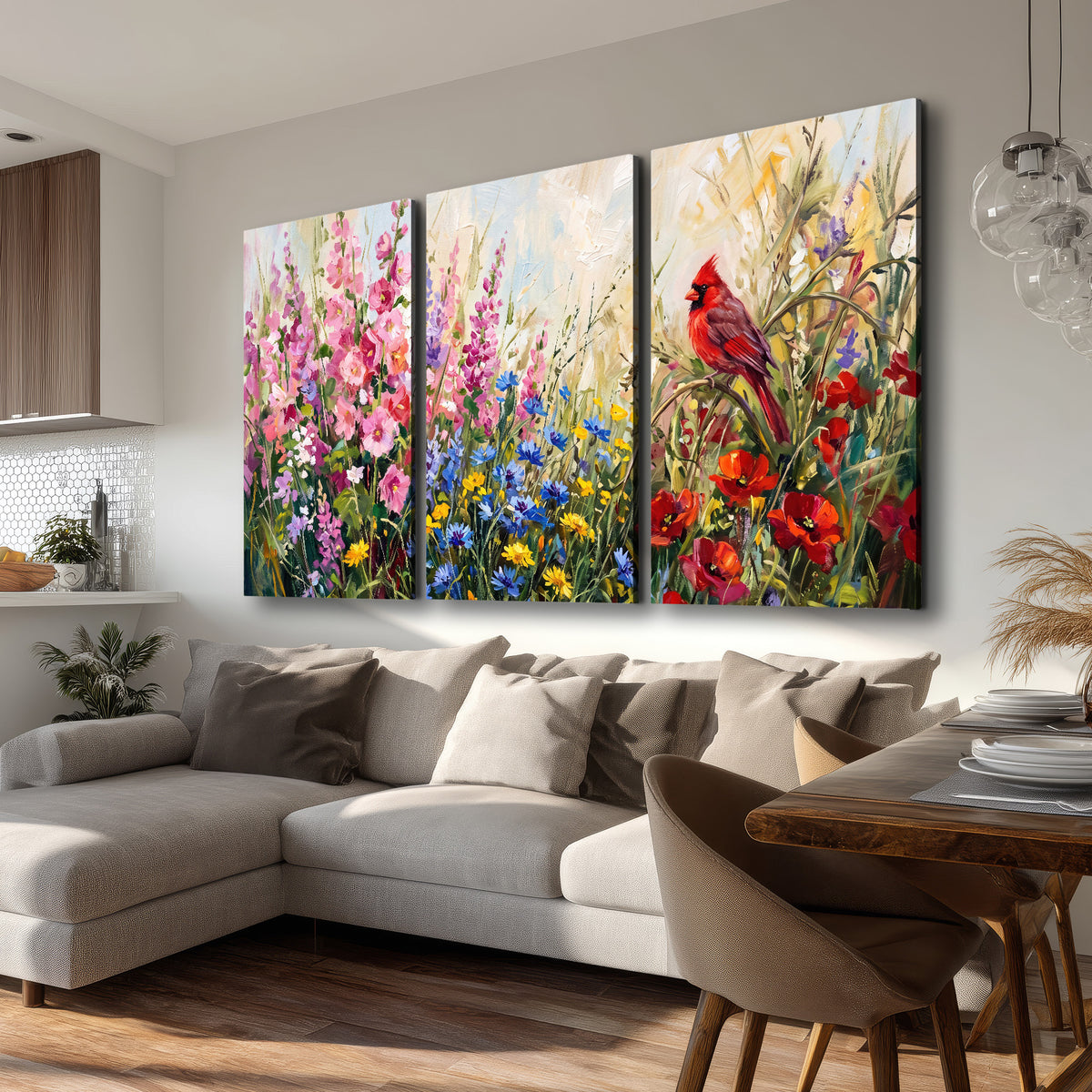 A bright red cardinal among vivid pink, blue and yellow wildflowers 3 piece canvas wall art room and product view