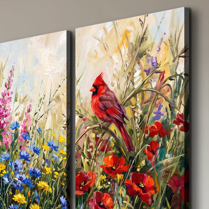 A bright red cardinal among vivid pink, blue and yellow wildflowers 3 piece canvas wall art room and product view
