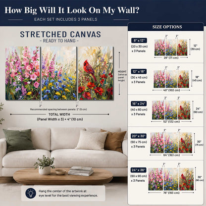 A bright red cardinal among vivid pink, blue and yellow wildflowers 3 piece canvas wall art size guide above a sofa; room view is illustrative