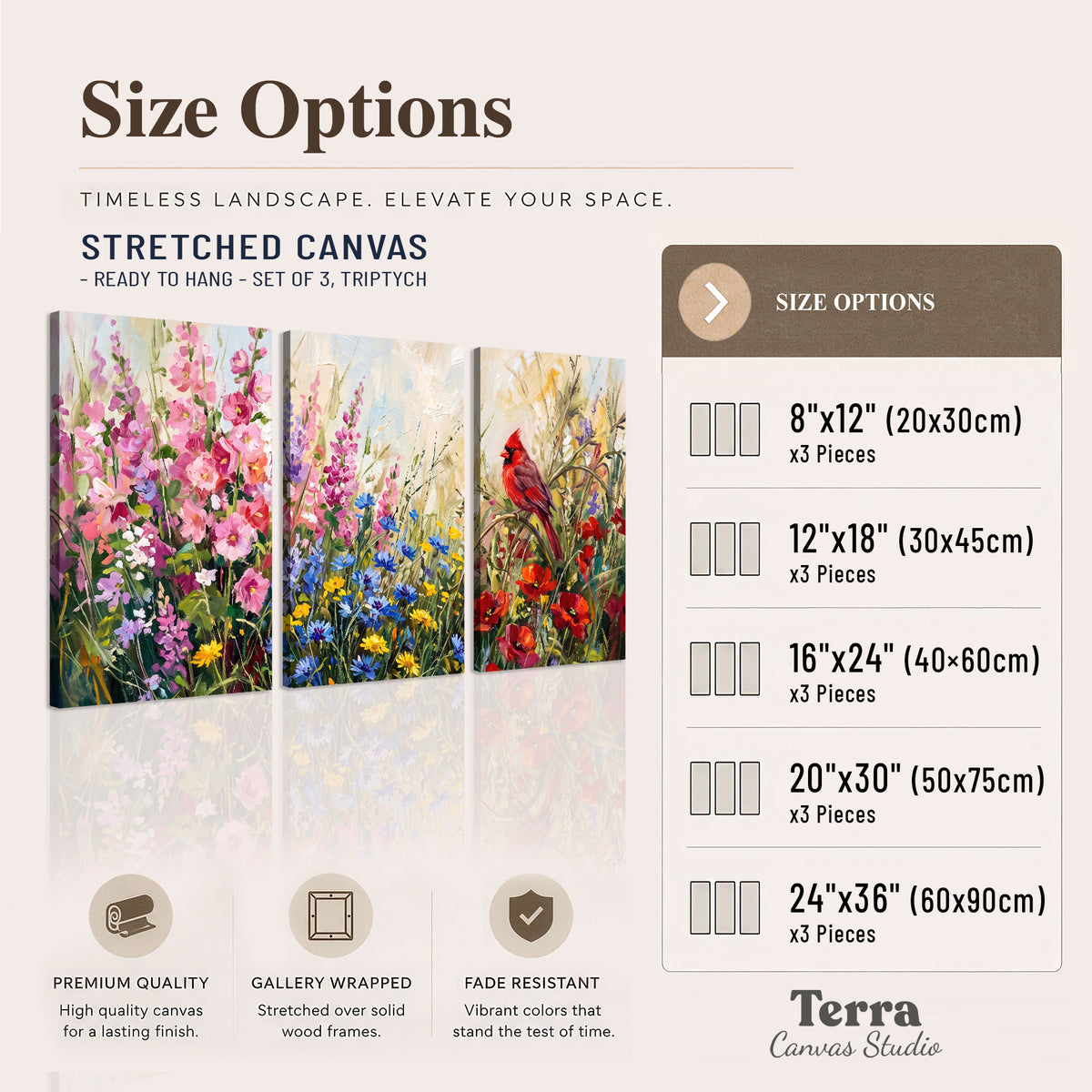 A bright red cardinal among vivid pink, blue and yellow wildflowers 3 piece canvas wall art available dimensions; triptych dimensions are per panel