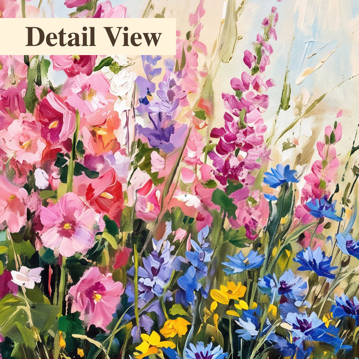 A bright red cardinal among vivid pink, blue and yellow wildflowers 3 piece canvas wall art artwork detail close up