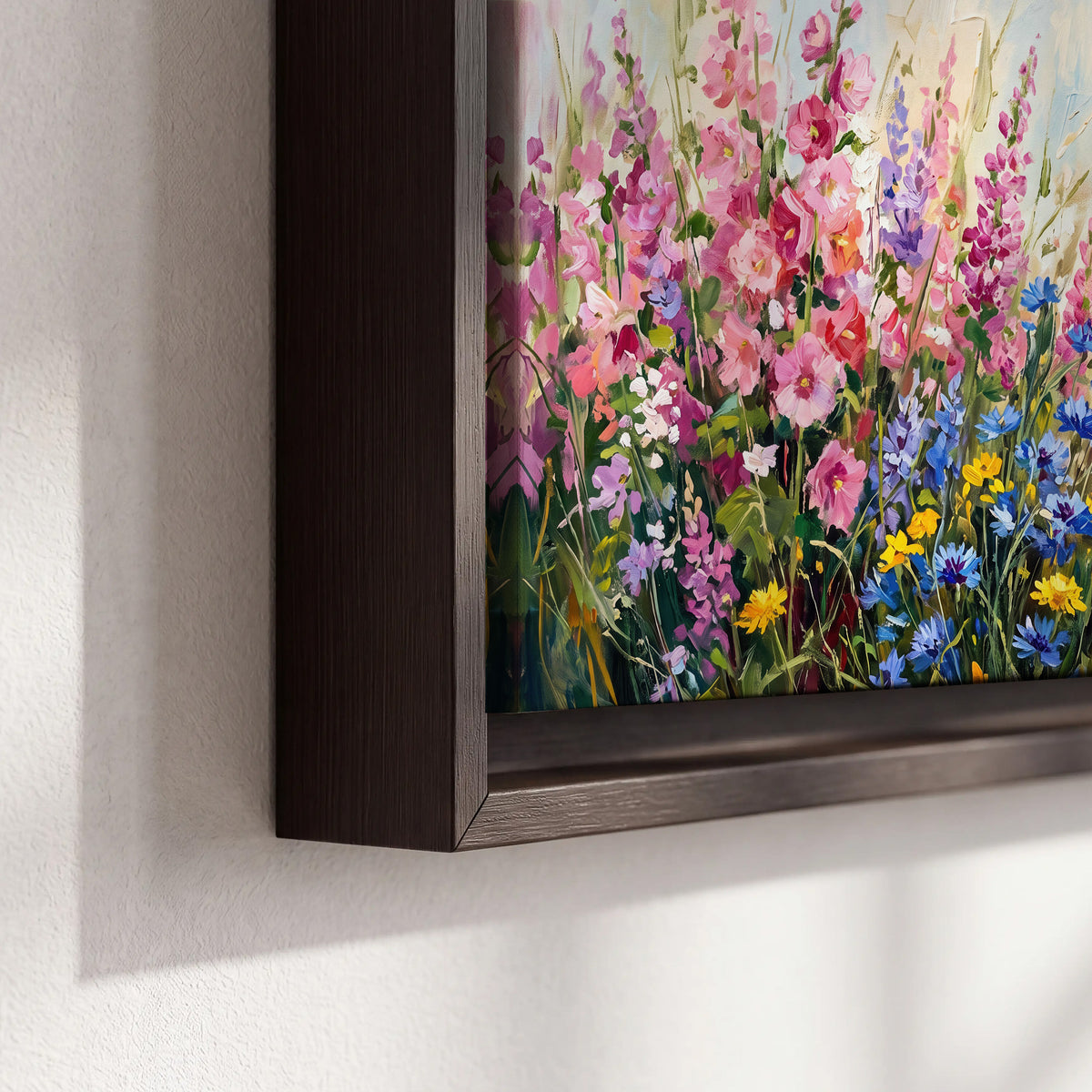 A bright red cardinal among vivid pink, blue and yellow wildflowers 3 piece framed canvas wall art material and edge close up
