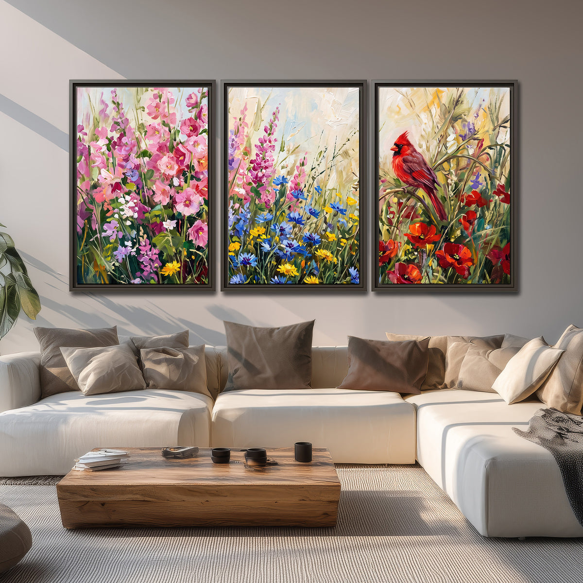 A bright red cardinal among vivid pink, blue and yellow wildflowers 3 piece framed canvas wall art displayed in a living room