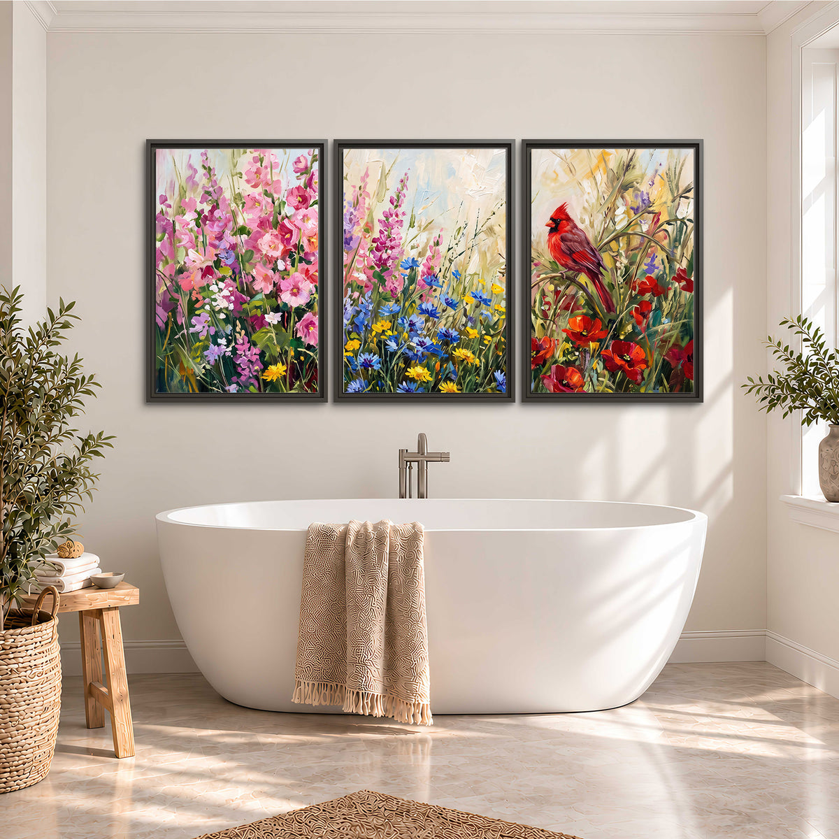 A bright red cardinal among vivid pink, blue and yellow wildflowers 3 piece framed canvas wall art styled in an interior