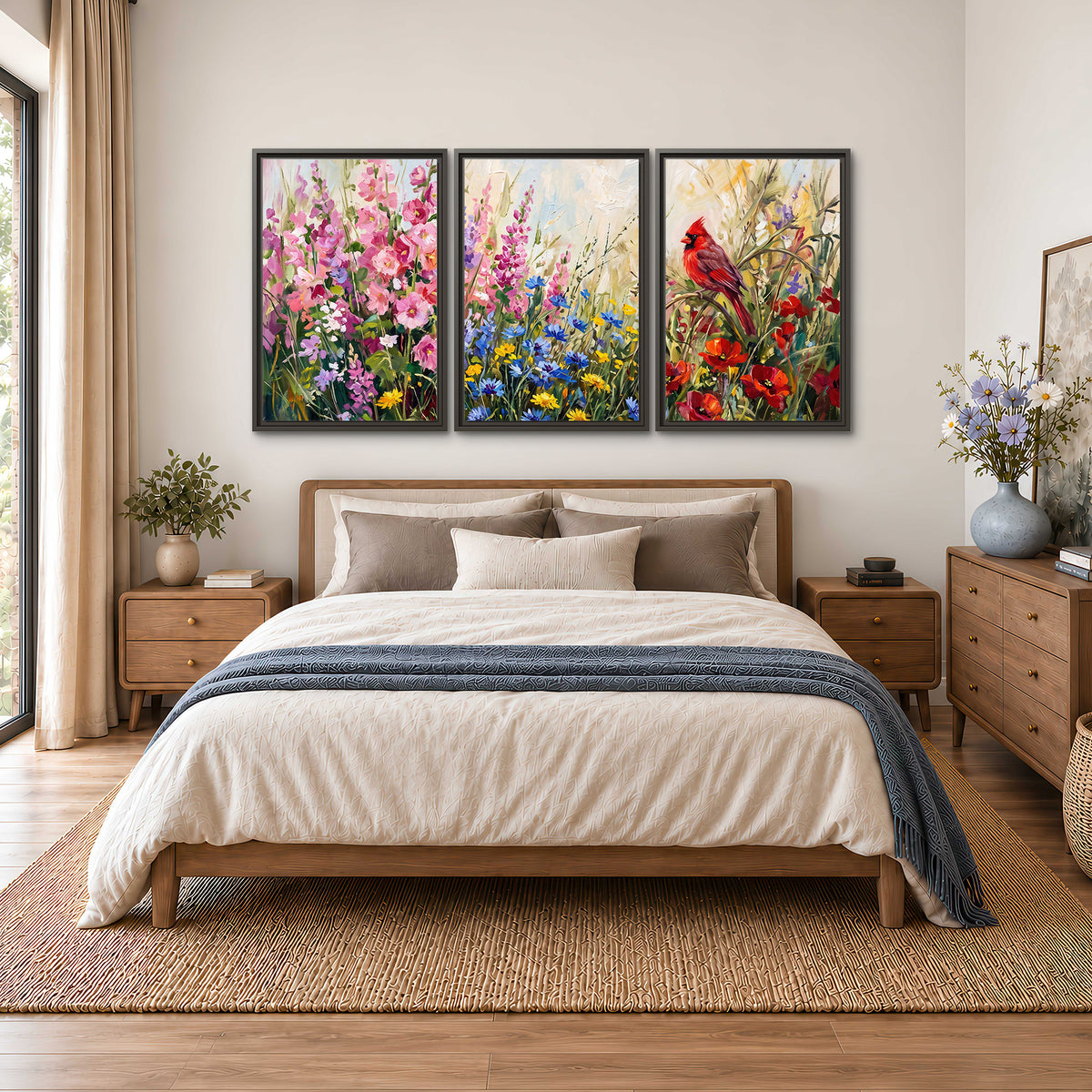 A bright red cardinal among vivid pink, blue and yellow wildflowers 3 piece framed canvas wall art styled in an interior
