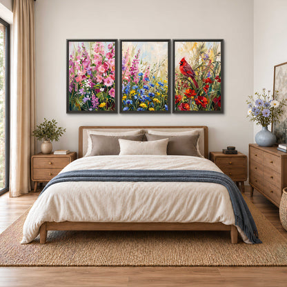 A bright red cardinal among vivid pink, blue and yellow wildflowers 3 piece framed canvas wall art styled in an interior