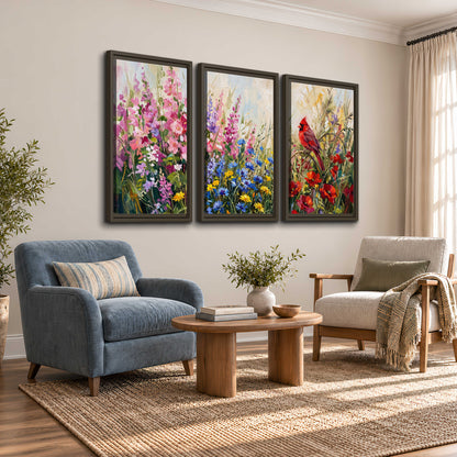 A bright red cardinal among vivid pink, blue and yellow wildflowers 3 piece framed canvas wall art styled in an interior