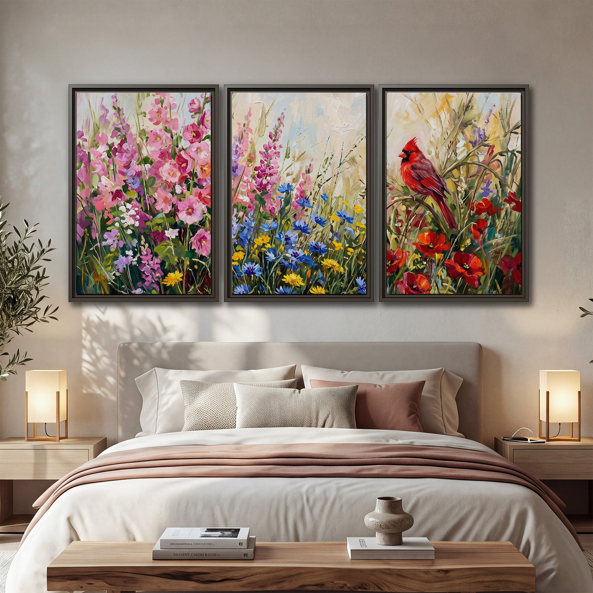 A bright red cardinal among vivid pink, blue and yellow wildflowers 3 piece framed canvas wall art displayed in a bedroom