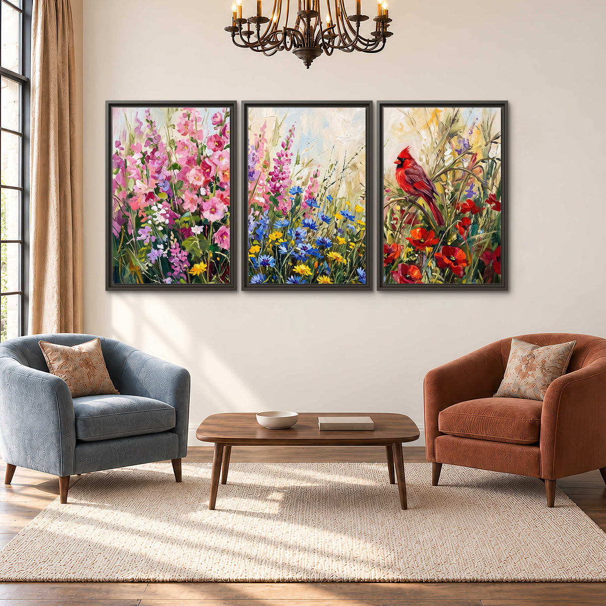 A bright red cardinal among vivid pink, blue and yellow wildflowers 3 piece framed canvas wall art styled in an interior