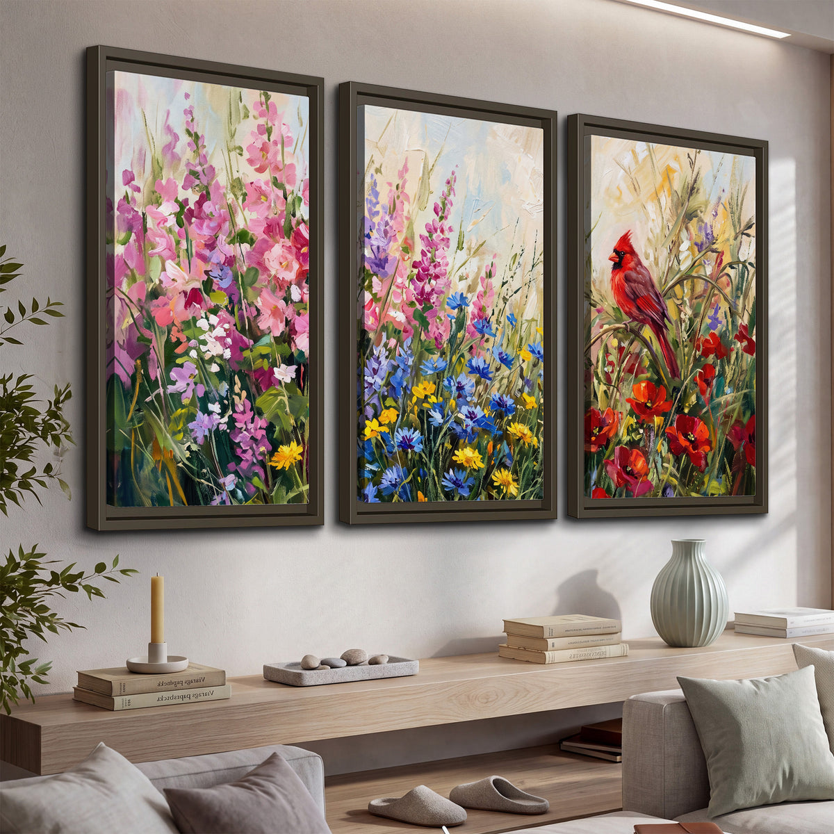A bright red cardinal among vivid pink, blue and yellow wildflowers 3 piece framed canvas wall art displayed in a console
