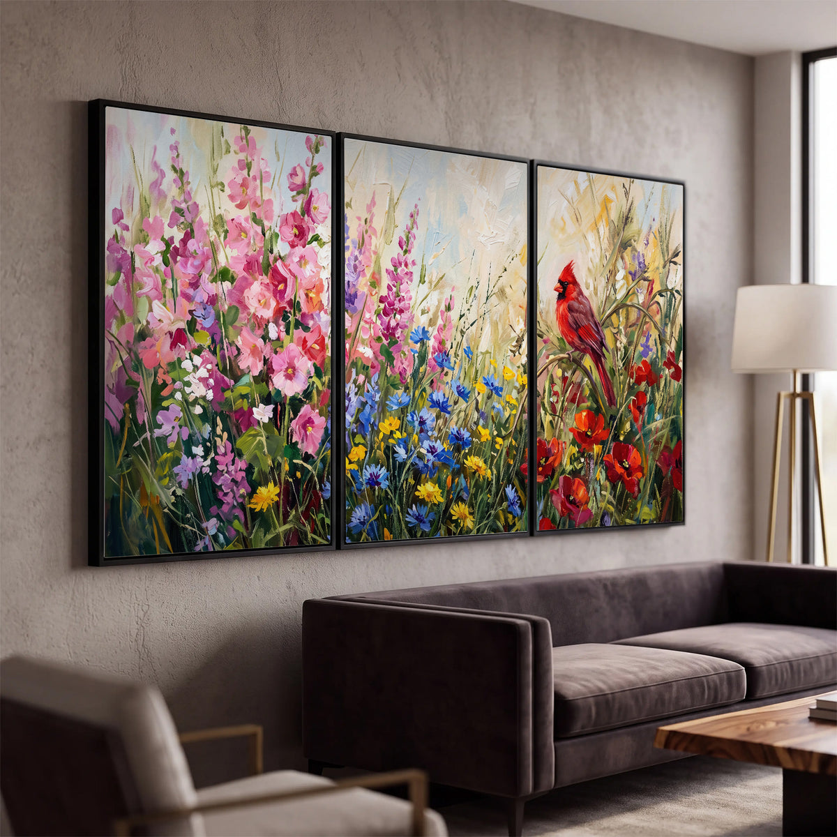 A bright red cardinal among vivid pink, blue and yellow wildflowers 3 piece framed canvas wall art displayed in a modern living room