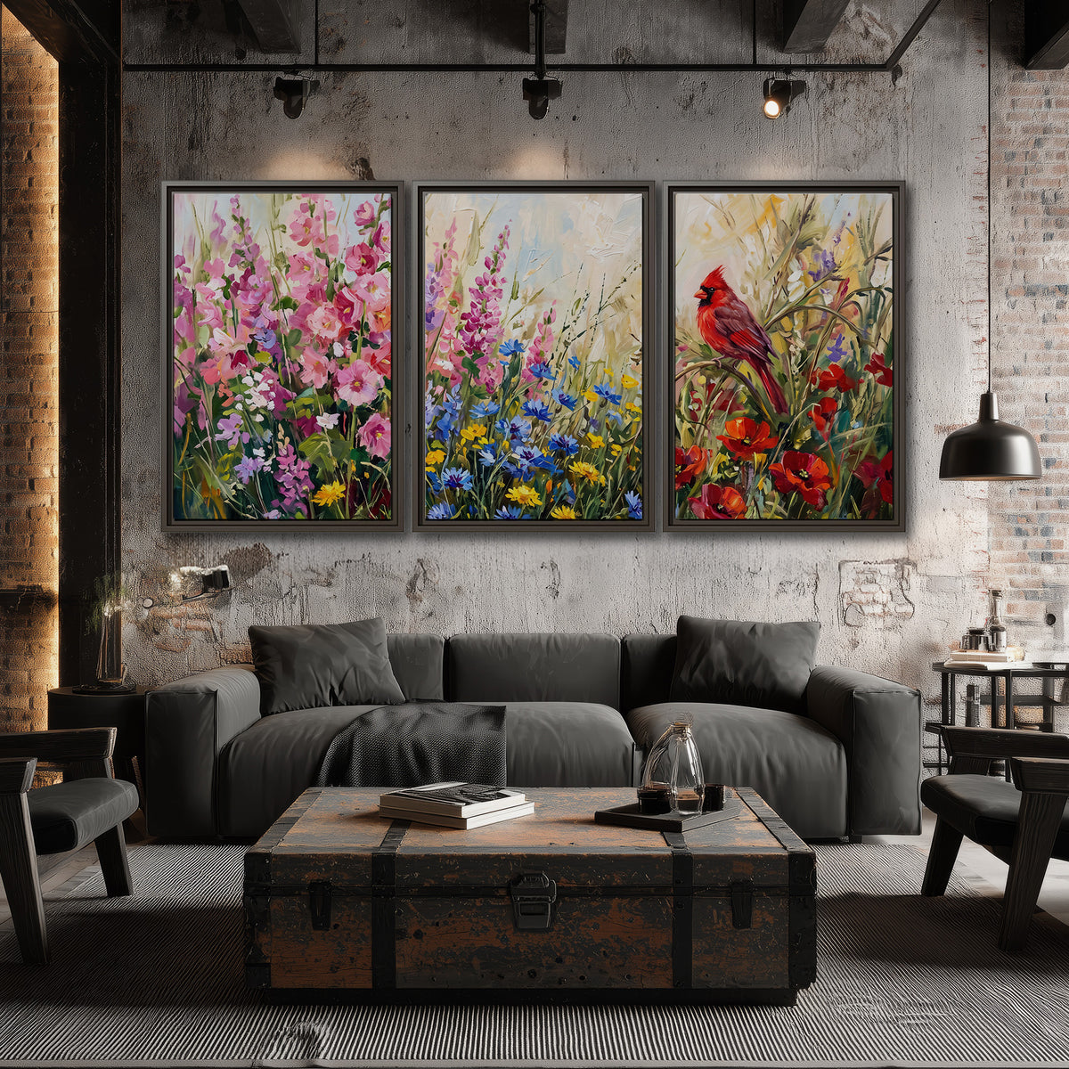 A bright red cardinal among vivid pink, blue and yellow wildflowers 3 piece framed canvas wall art displayed in a industrial room