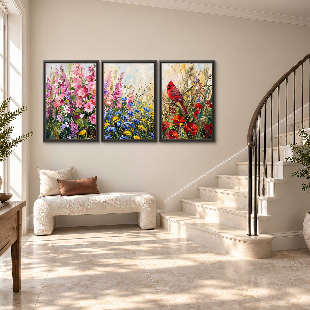 A bright red cardinal among vivid pink, blue and yellow wildflowers 3 piece framed canvas wall art styled in an interior