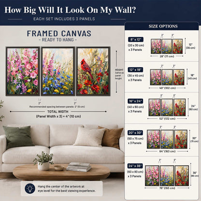 A bright red cardinal among vivid pink, blue and yellow wildflowers 3 piece framed canvas wall art size guide above a sofa; room view is illustrative