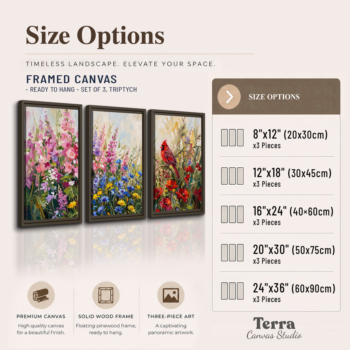 A bright red cardinal among vivid pink, blue and yellow wildflowers 3 piece framed canvas wall art available dimensions; triptych dimensions are per panel