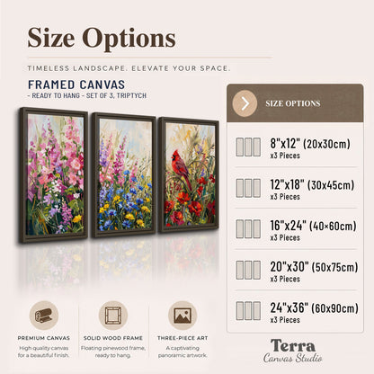 A bright red cardinal among vivid pink, blue and yellow wildflowers 3 piece framed canvas wall art available dimensions; triptych dimensions are per panel