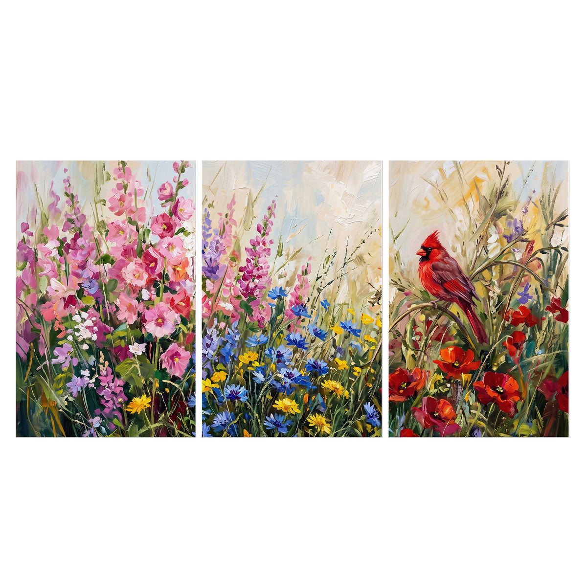 A bright red cardinal among vivid pink, blue and yellow wildflowers set of 3 poster prints viewed straight on