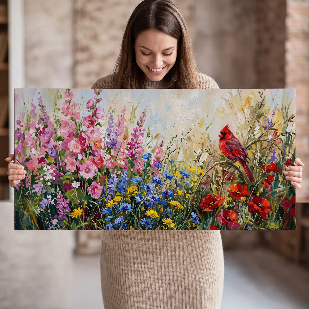 A bright red cardinal among vivid pink, blue and yellow wildflowers single canvas wall art held in hands