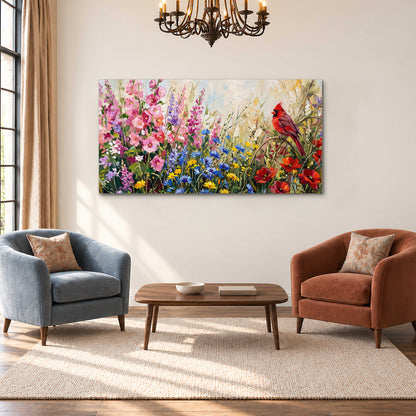 A bright red cardinal among vivid pink, blue and yellow wildflowers single canvas wall art styled in an interior