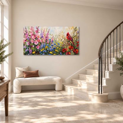 A bright red cardinal among vivid pink, blue and yellow wildflowers single canvas wall art styled in an interior