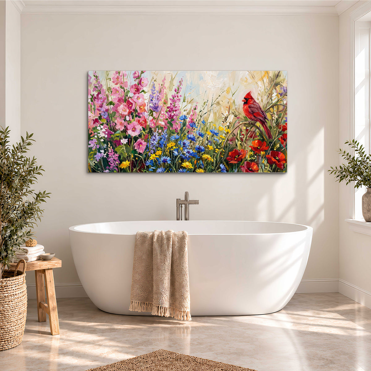 A bright red cardinal among vivid pink, blue and yellow wildflowers single canvas wall art styled in an interior