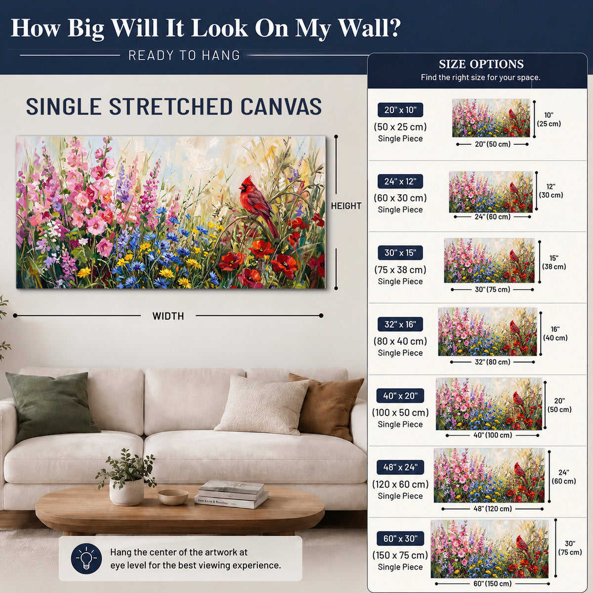 A bright red cardinal among vivid pink, blue and yellow wildflowers single canvas wall art size guide above a sofa; room view is illustrative