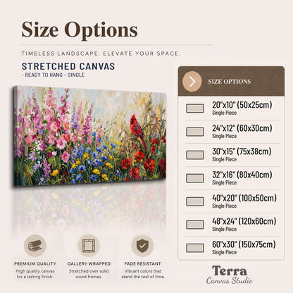 A bright red cardinal among vivid pink, blue and yellow wildflowers single canvas wall art available dimensions