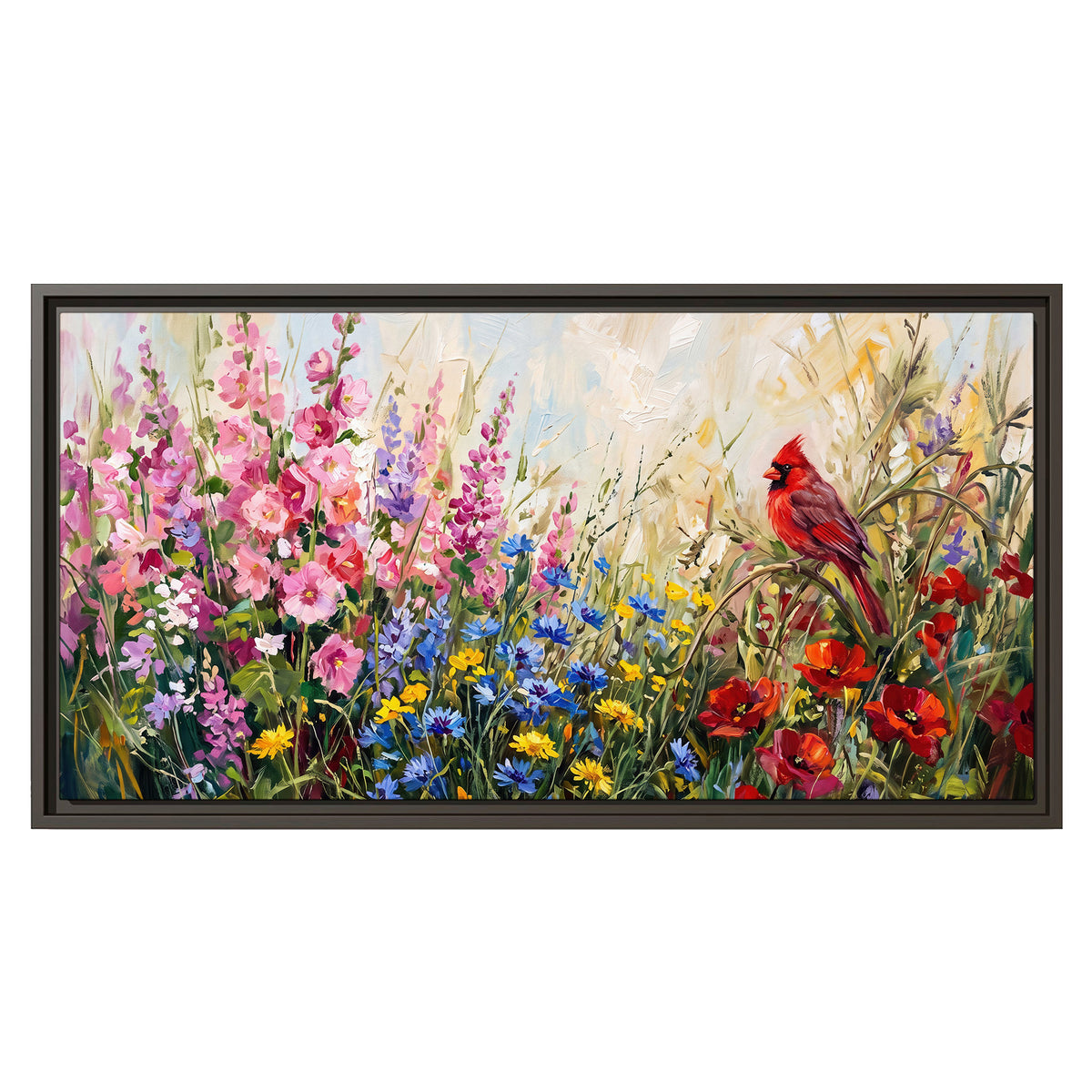 A bright red cardinal among vivid pink, blue and yellow wildflowers single framed canvas wall art viewed straight on