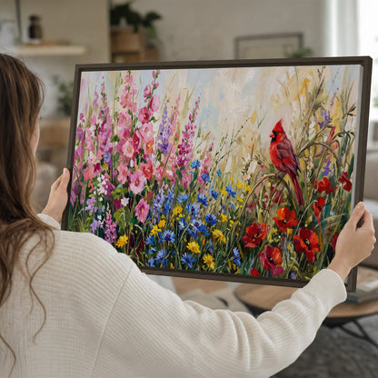 A bright red cardinal among vivid pink, blue and yellow wildflowers single framed canvas wall art held in hands