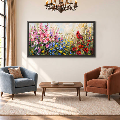 A bright red cardinal among vivid pink, blue and yellow wildflowers single framed canvas wall art styled in an interior