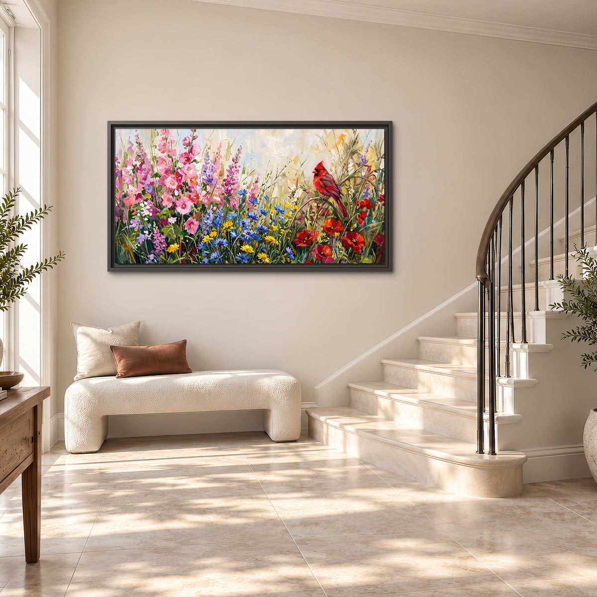 A bright red cardinal among vivid pink, blue and yellow wildflowers single framed canvas wall art styled in an interior