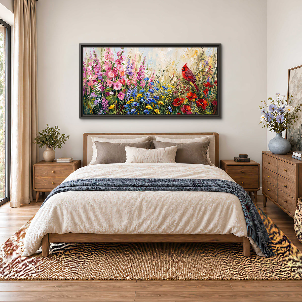 A bright red cardinal among vivid pink, blue and yellow wildflowers single framed canvas wall art styled in an interior