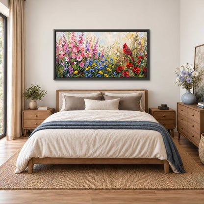 A bright red cardinal among vivid pink, blue and yellow wildflowers single framed canvas wall art styled in an interior