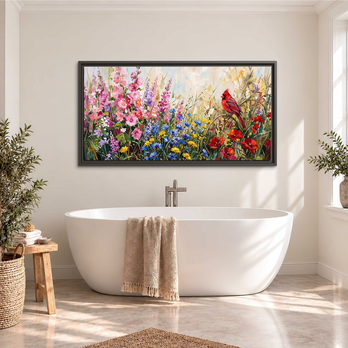 A bright red cardinal among vivid pink, blue and yellow wildflowers single framed canvas wall art styled in an interior