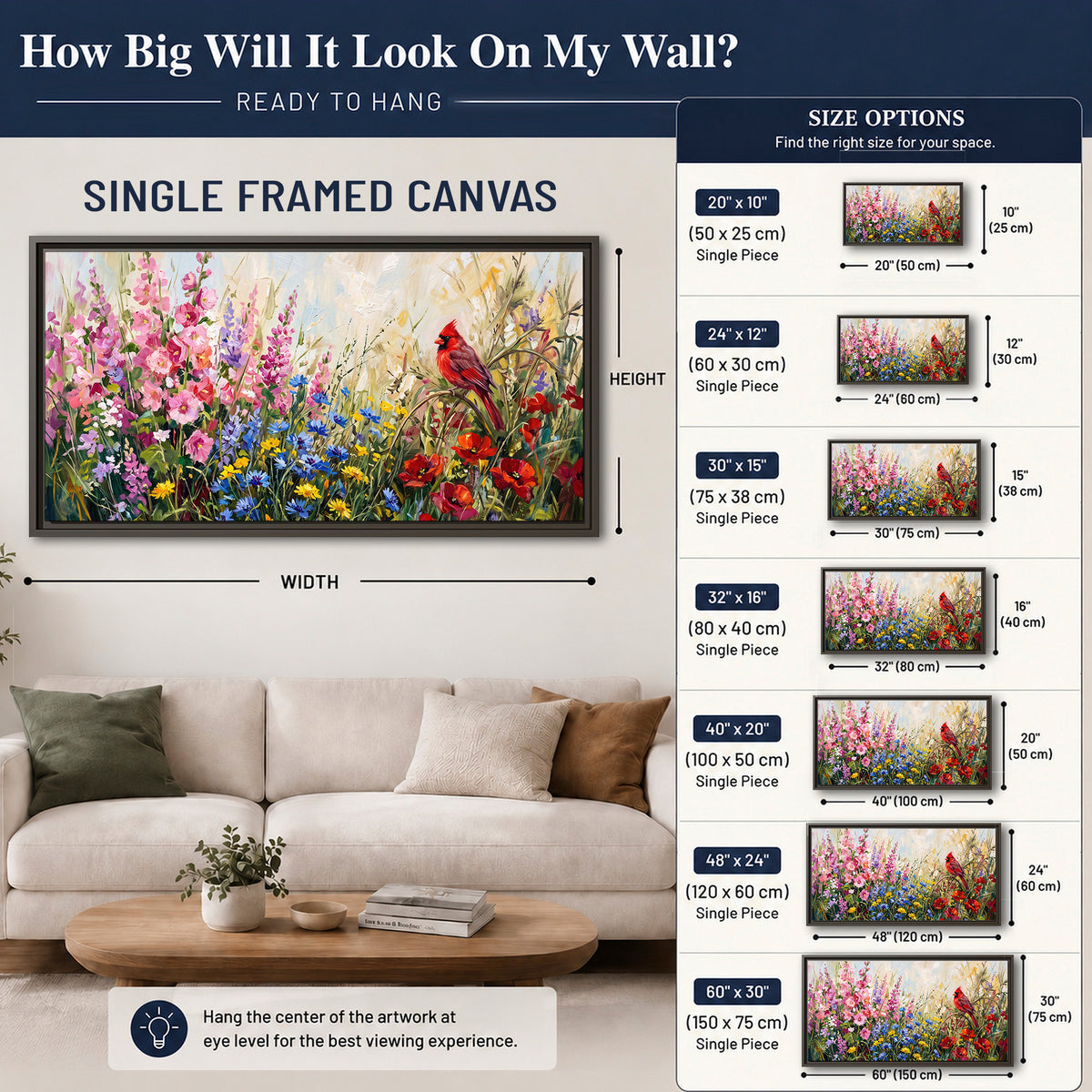 A bright red cardinal among vivid pink, blue and yellow wildflowers single framed canvas wall art size guide above a sofa; room view is illustrative