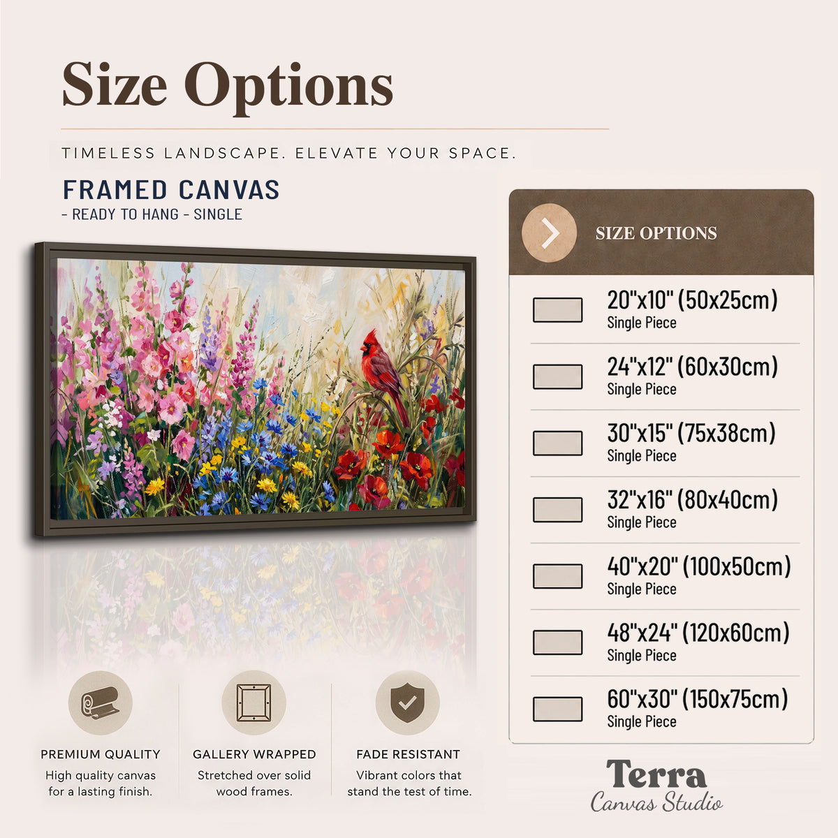 A bright red cardinal among vivid pink, blue and yellow wildflowers single framed canvas wall art available dimensions