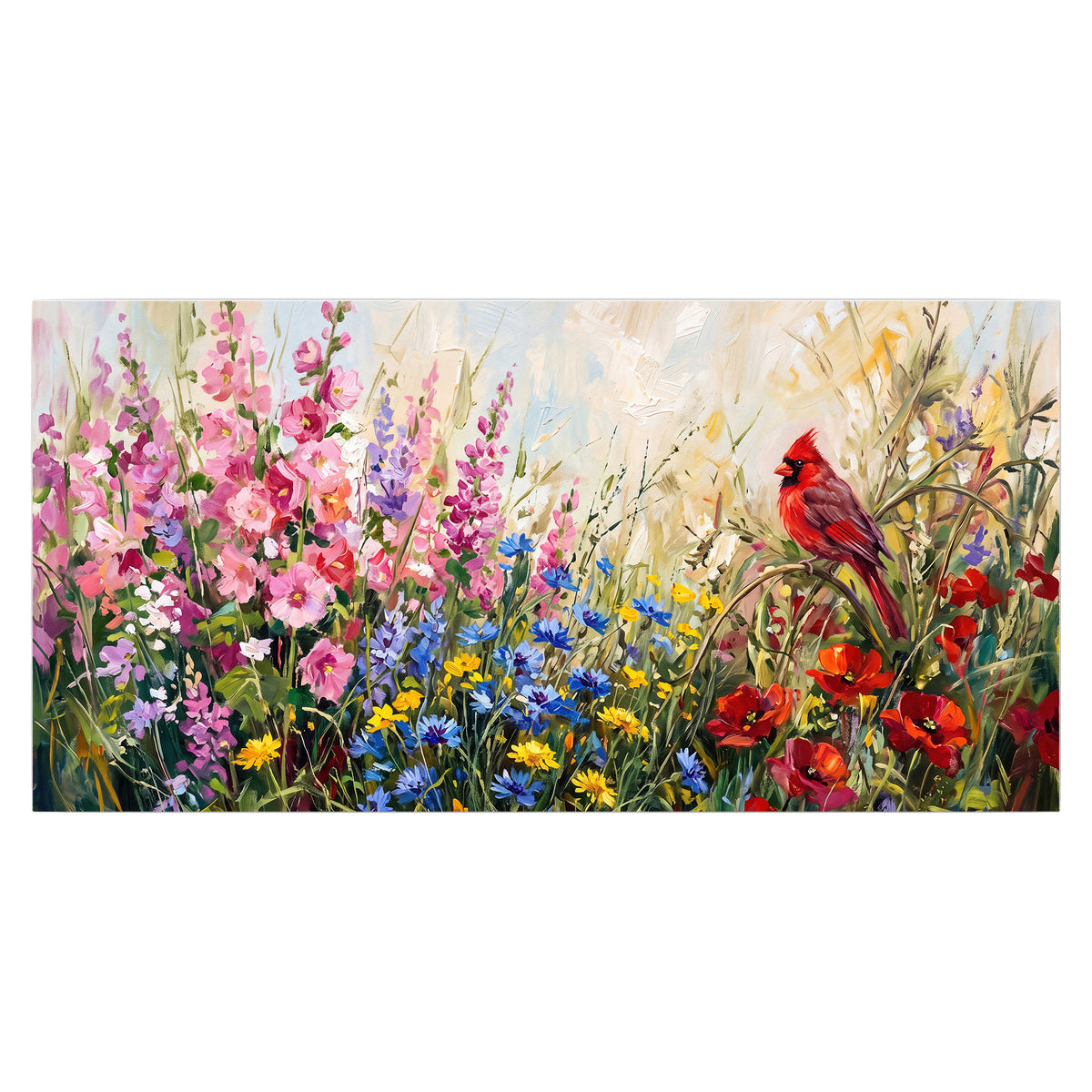 A bright red cardinal among vivid pink, blue and yellow wildflowers single poster print viewed straight on