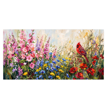 A bright red cardinal among vivid pink, blue and yellow wildflowers single poster print viewed straight on