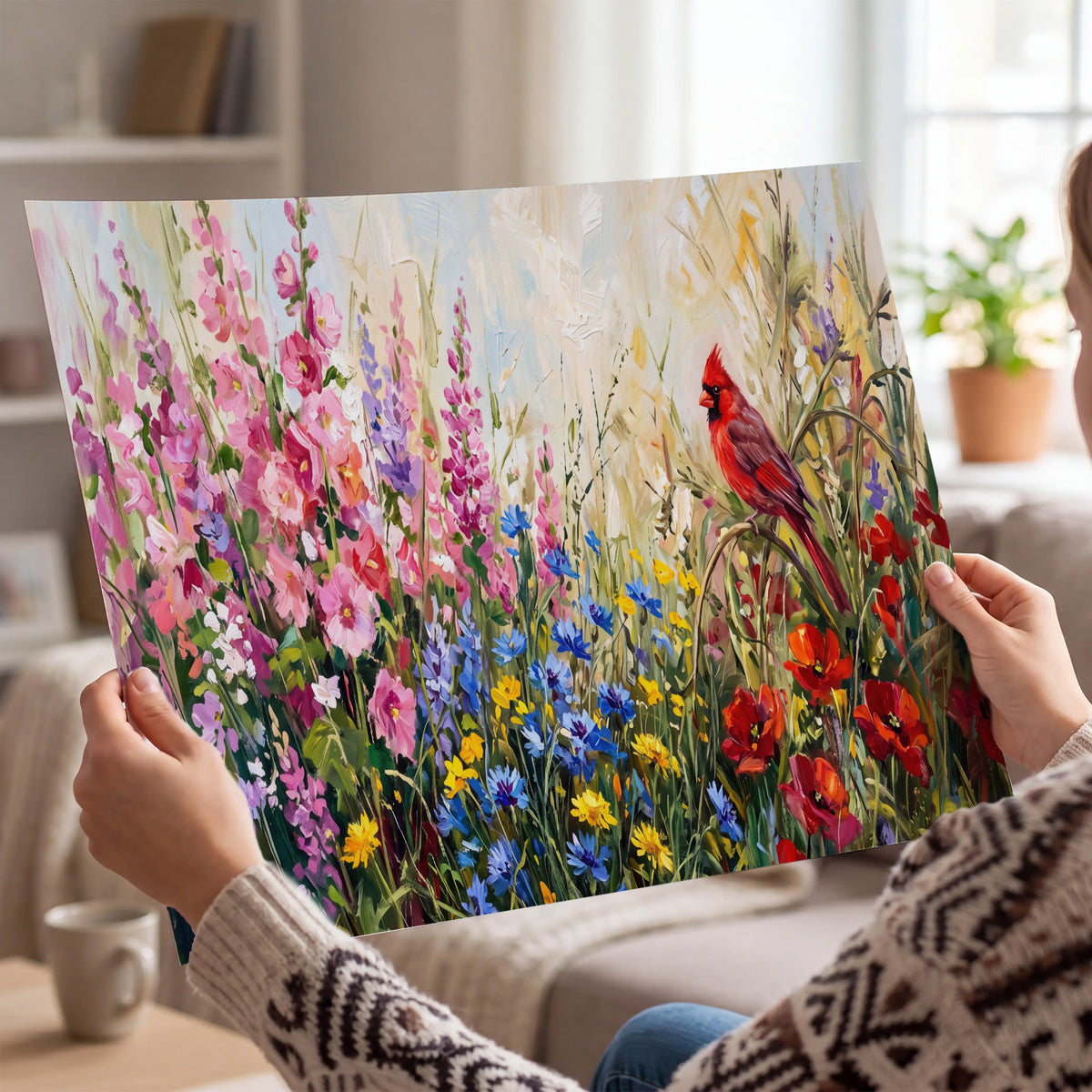 A bright red cardinal among vivid pink, blue and yellow wildflowers single poster print held in hands