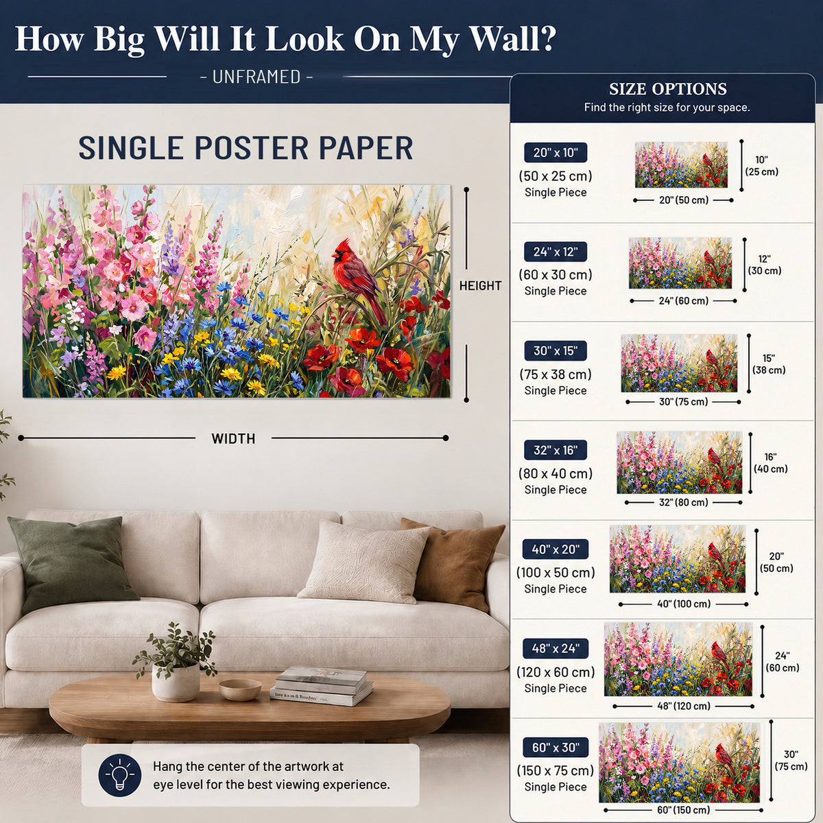A bright red cardinal among vivid pink, blue and yellow wildflowers single poster print size guide above a sofa; room view is illustrative