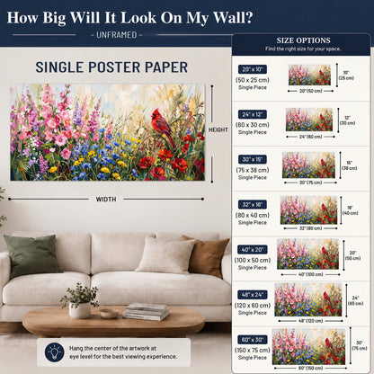 A bright red cardinal among vivid pink, blue and yellow wildflowers single poster print size guide above a sofa; room view is illustrative