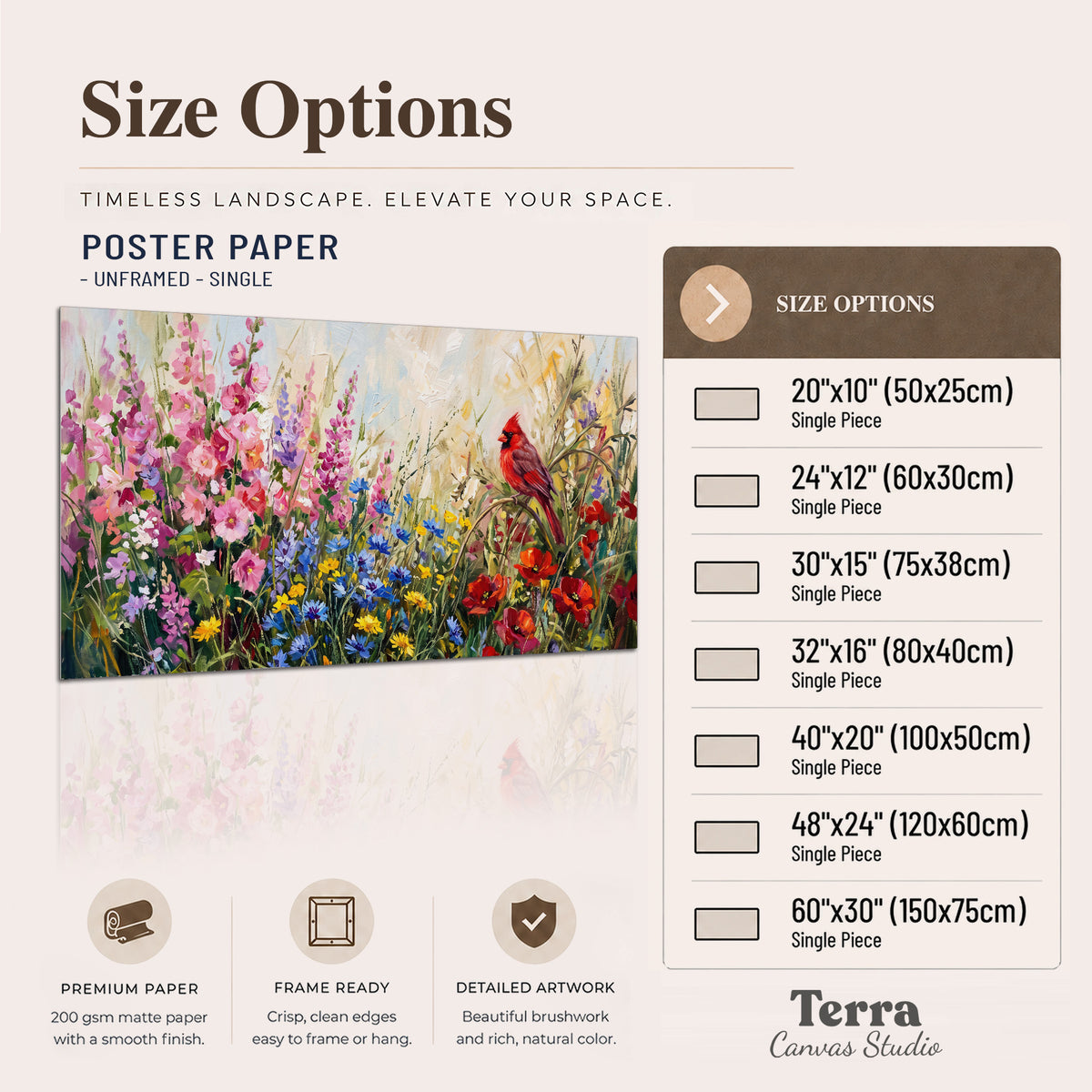 A bright red cardinal among vivid pink, blue and yellow wildflowers single poster print available dimensions