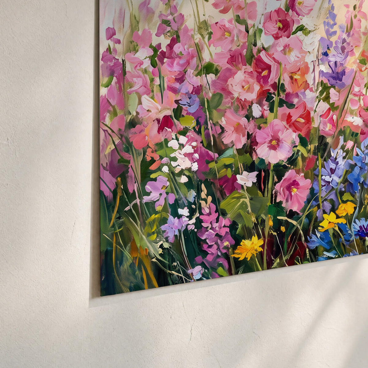 A bright red cardinal among vivid pink, blue and yellow wildflowers set of 3 poster prints material and edge close up