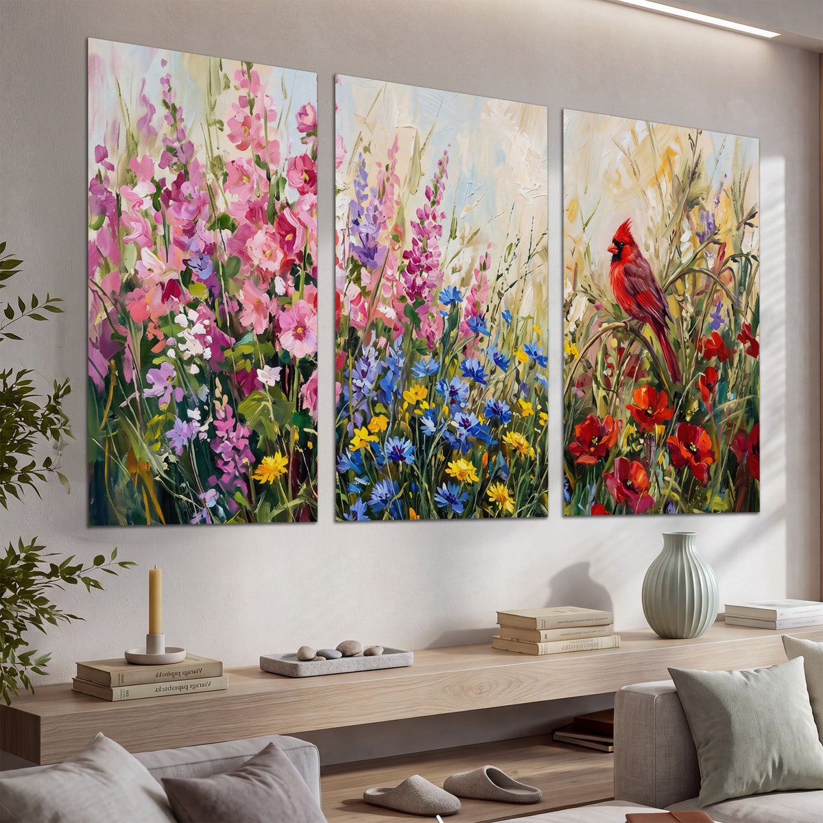 A bright red cardinal among vivid pink, blue and yellow wildflowers set of 3 poster prints displayed in a console